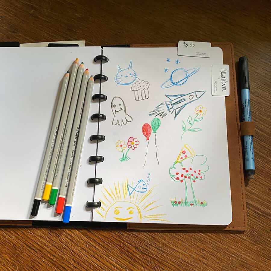 ein greenbook all in one auf einem Holztisch mit Icons im Doodle-Stil, die mit Whiteboard-Stiften gezeichnet wurden
