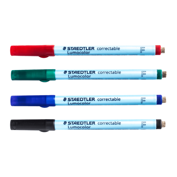 4 löschbare Stifte im Set von Staedtler Lumocolor non permanent 305 F, rot, grün, blau und schwarz.