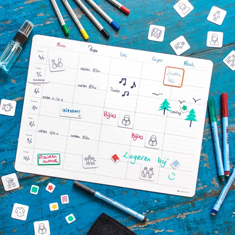 Whiteboard-Familienplaner mit Piktogrammen für verschiedene Aktivitäten