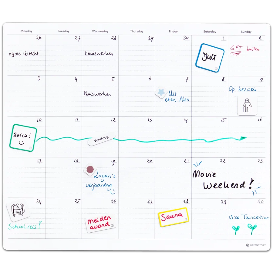 Sticky Whiteboard-Monatsplaner groß mit klebrigen Tabs, beschrieben mit Whiteboard-Stift.