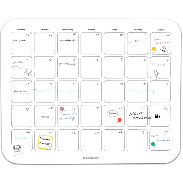 große Whiteboard-Monatsplanungstafel oder Monatsplaner mit Markern, Tabs und Piktogrammen gefüllt